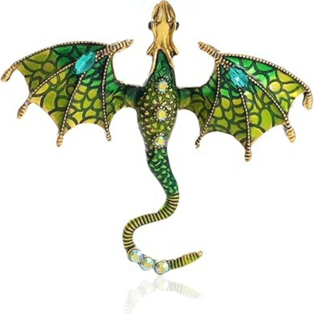 Dragon Brooch Pin Mystical Green with Rhinestones‎
